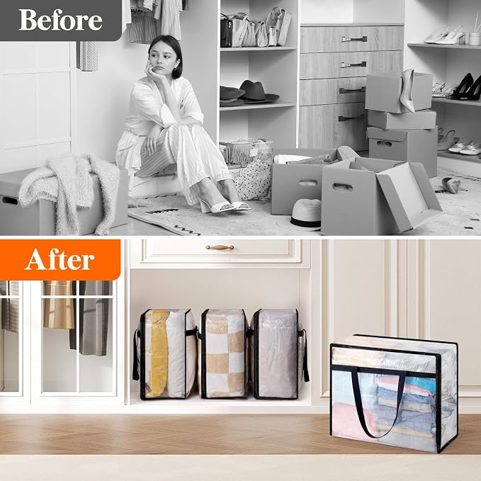 Lifewit 3 Pack Clear Blanket Storage Bags, Foldable Plastic Clothes Organizer with Zipper, Closet Organization Containers and Moving Bag for Comforter, Bedding, Duvet, 40L