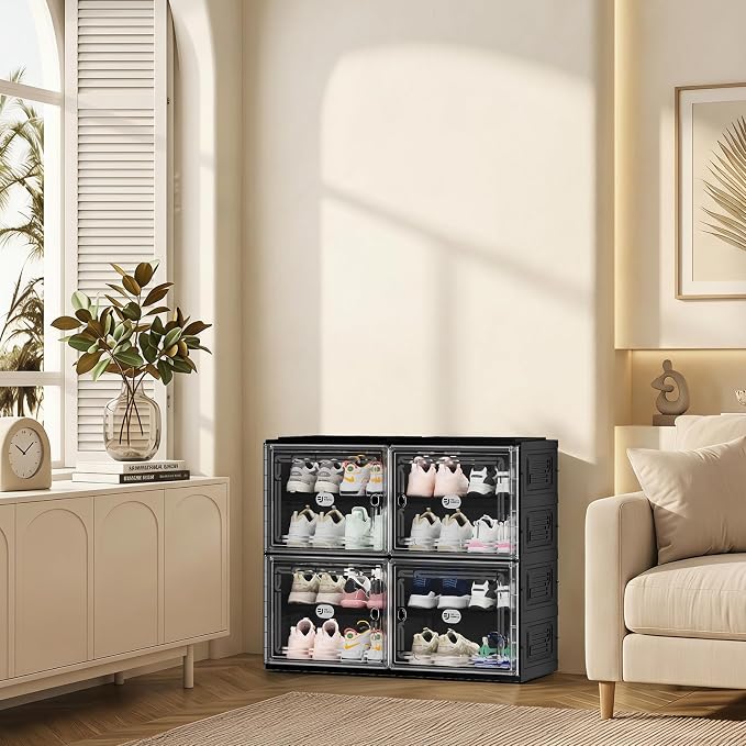 16 Pairs Foldable Shoe Rack Storage Cabinet with Heavy-Duty Design (Vertical 300 lbs), Tool-Free 4-Step Quick Installation, Wide-Slot Shoe Cabinet for Entryway/Living Room/Garage
