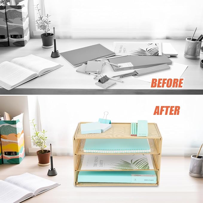 Paper Organizer Tray, 3 Tier Mesh Desk File Organizer Letter Sorter Holder for Home Office, Gold