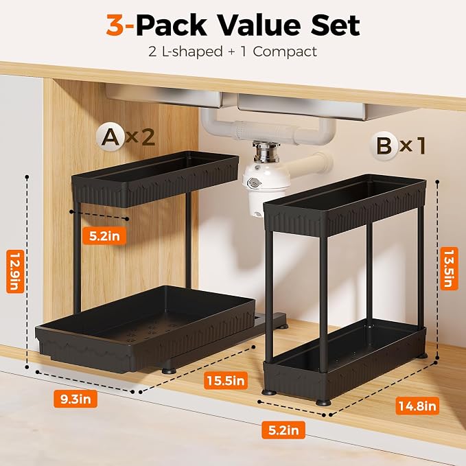 Sevenblue 3 Pack Multi-Purpose Pull-Out Storage Organizers, 2-Tier L-Shaped Under Sink/Cabinet Organizers and Storage for Bathroom & Kitchen, (Black, 12.85 Inches) | Multi-use kitchen & bathroom storage, 12.85 inch black cabinet organizer, space-saving...