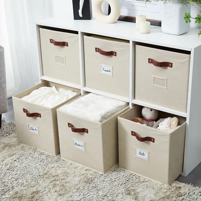 DECOMOMO Storage Bins, Cube Storage Bin with Labels | 10.5" x 11" Fabric Storage Cubes for Shelves (2pcs, Beige)