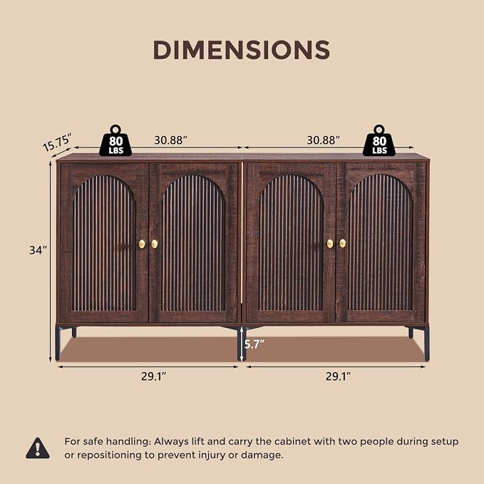 IFGET 123.5" W Modern Arched Sideboard Buffet Cabinet with Storage, Brown | Fluted Arch Sideboard Cabinet w/Adjustable Shelves, Wooden Modular Kitchen Cabinet for Dining& Living Room, Entryway