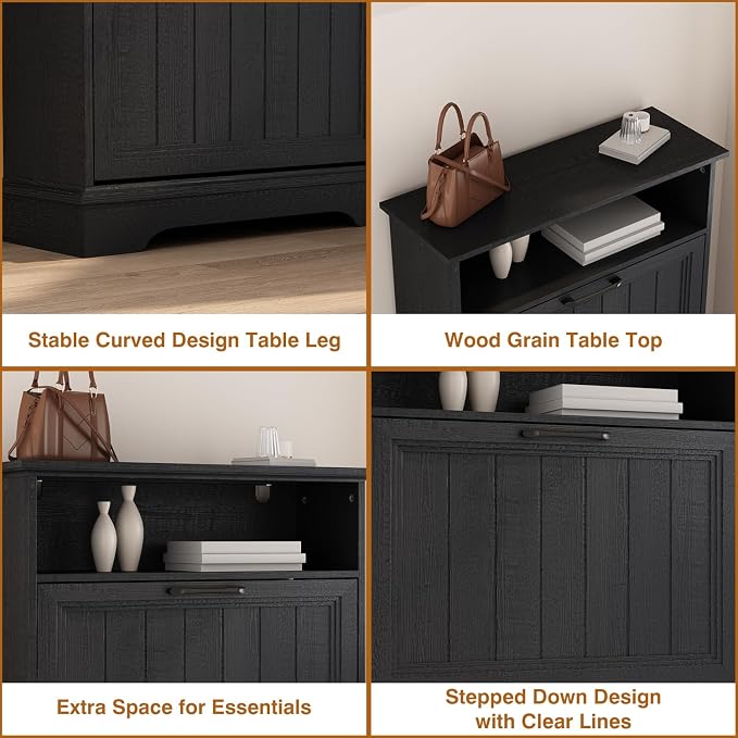 24" W Hidden Shoe Storage Cabinet with 2 Flip Drawers & Open Storage | Farmhouse Modern Shoes Rack Cabinet,Adjustable Shelves, Narrow Slim Shoes Organizer for Front Door Entrance, Entryway,Black