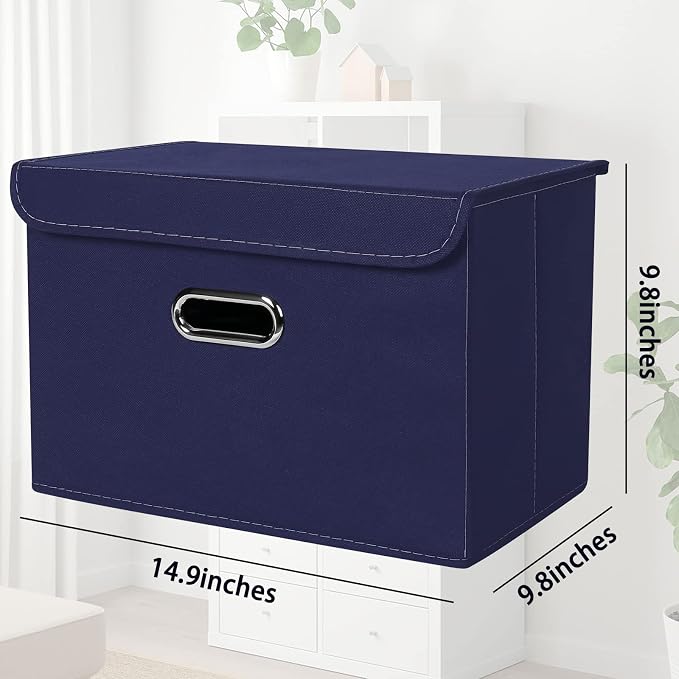 STOREONE Fabric Storage Cube Bins Foldable Organizer Container Collapsible Basket with Lids and Metal Handles, for Home, Bedroom, Closet 8 Pcs (Navy Blue)