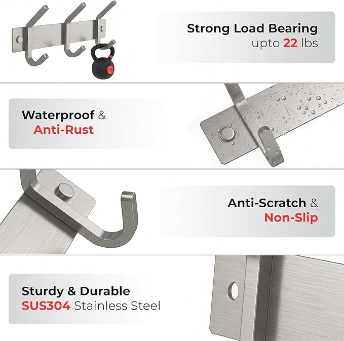 Small Coat Rack Wall Mount – Brushed Nickel 9 Inch Stainless Steel Hook Rail with 3 Heavy Duty Double Coat Hooks – Wall Mounted Coat Hanger for Entryway, Bathroom, Bedroom, Towel, Hat Organizer