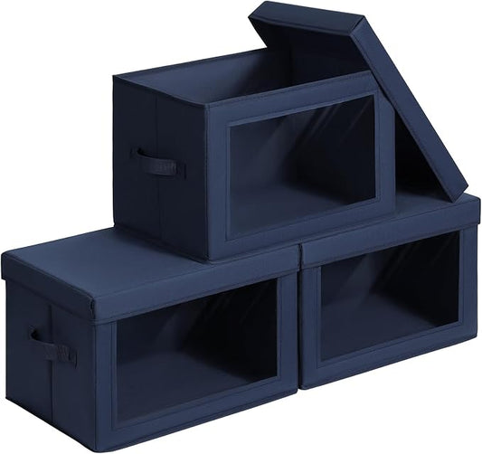 Homsorout Stackable Storage Bins with Lids - Large Storage Box with Lids, Foldable Closet Boxes for Organizing, Wardrobe Clothes Organizer with Window, Cubes Bins for Living Room, 3 Pack, Navy Blue