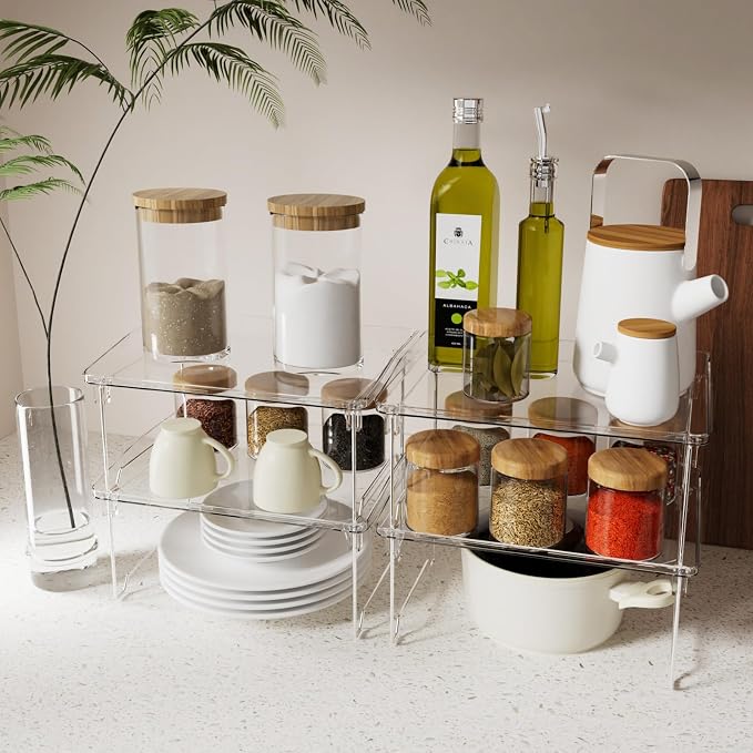STARLATTA 2 Pcs Cabinet Organizer Shelf, Stackable Kitchen Counter Shelves, Spice Rack,Countertop Organizers, Clear Plastic Storage Shelves Rack for Makeup,Bathroom,Cupboard,Desk,Pantry Organization
