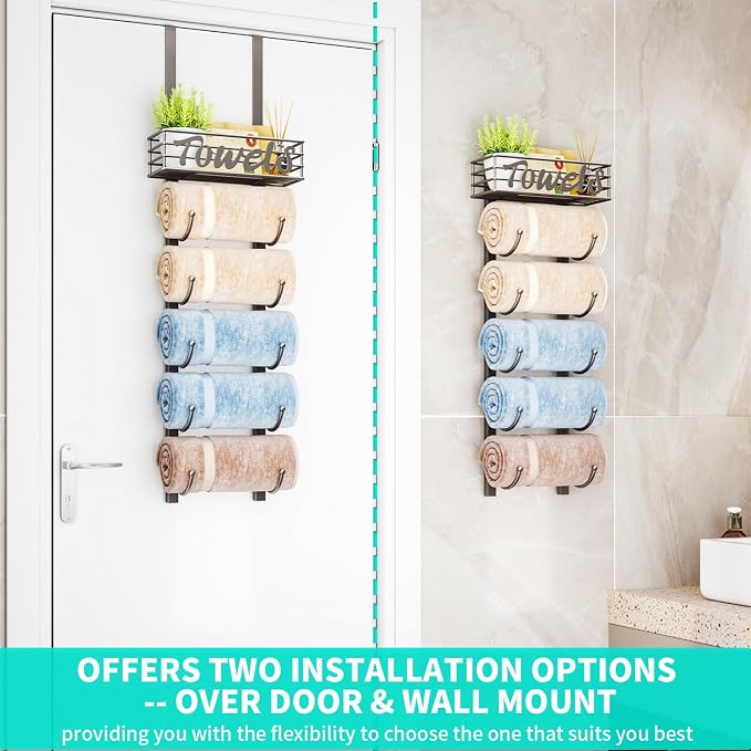 HapiRm Towel Racks for Bathroom Storage - 6 Tier Over The Door & Wall Mount Rolled Towel Storage Organizer Holder with Metal Shelf Basket for Small Bathroom, Camper, Rv - Patented