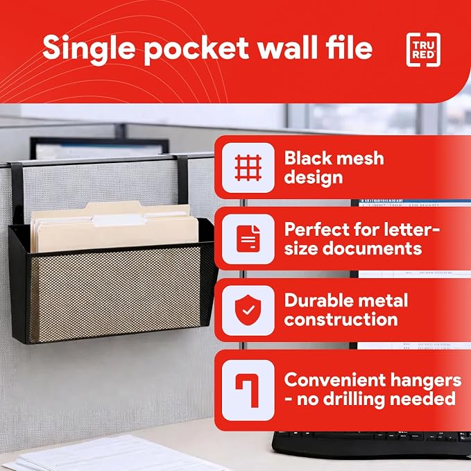 Staples TRU RED Mesh Letter Wall File, 1 - Pocket, Black - Wall - Mounted File Organizer for Mail, Documents and Quick - Access Storage
