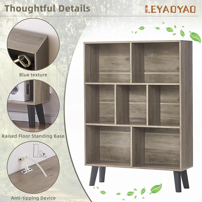 LEYAOYAO Cube Bookshelf, Mid-Century Modern Book Shelf with Legs,Retro Grey | 3 Tier Bookcase, Rustic Wood Bookshelves Freestanding Small Storage Organizer, Open Shelves for Bedroom, Living Room, Office