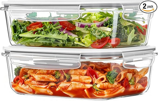 Vtopmart 2Pack 1500ml/50.7oz Large Glass Storage Containers With Lids, Grey | Meal Prep Food Container Set with Snap Airtight Lid, For Baking, Microwave, Oven, Leak Proof, Freezer, Dishwasher, BPA Free