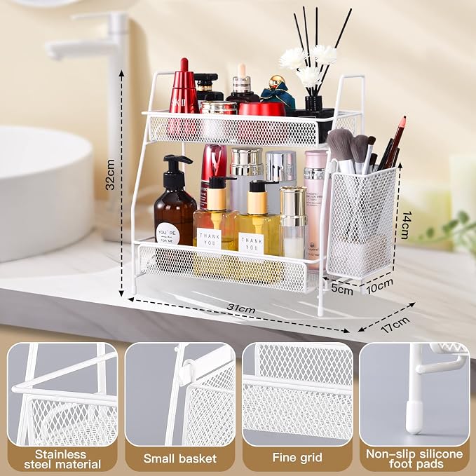 Countertop organizer for bathroom counter, bathroom organizers and storage, spice rack organizer for kitchen counter shelf with small basket(White)