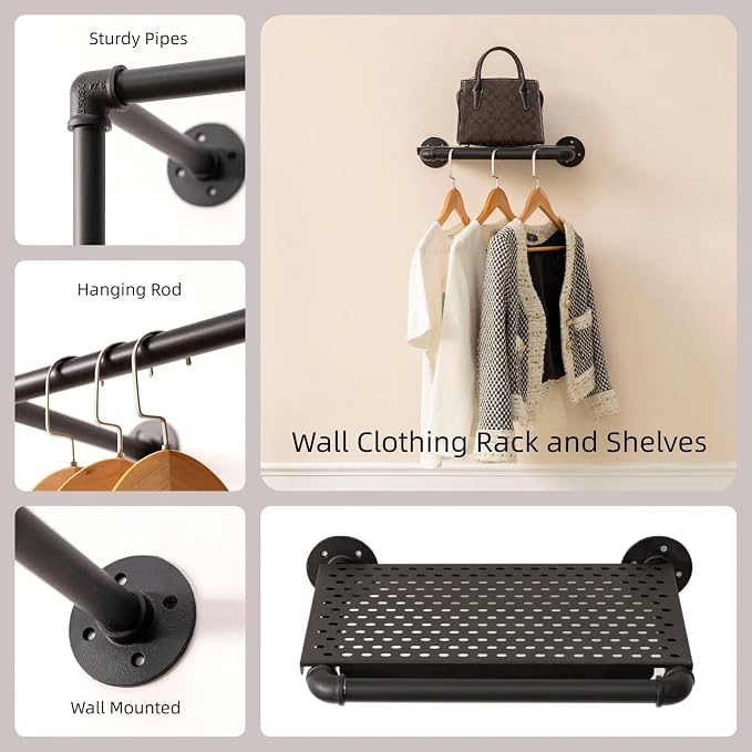 Industrial Pipe Clothing Rack, Wall Garment Rack, Hanging Clothes Rack | Heavy Duty Iron Clothes Bar/Rod, Space-Saving Clothing Hanging Rails with 2 Shelves for Closet Home Bedroom Retailer Laundry