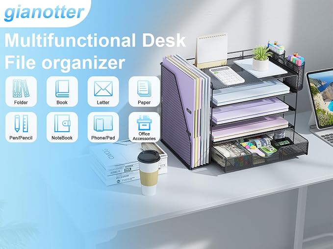 gianotter 5-Tier Desk Organizer with Drawers and File Holders | Letter Trays and Pen Holders - Workspace Accessories for Office Supplies (Black)