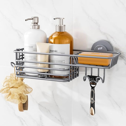 TAILI Shower Caddy Suction Cup with Hooks & Soap Holder | Heavy Duty Shower Organizer, No Drilling Shower Shelves for Inside Bathroom, Metal Storage Holder, Grey
