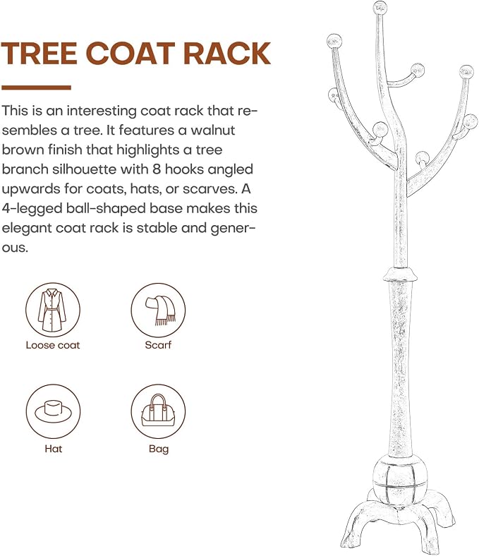 Coat Rack Freestanding Wood Coat Tree with Stable Sphere Base, Light Brown | 8 Hooks Tree Branch Design, Heavy Duty Standing Coat Hanger for Entryway, Hallway, Bedroom, Foyer; Hangs Coats, Hats, Bags