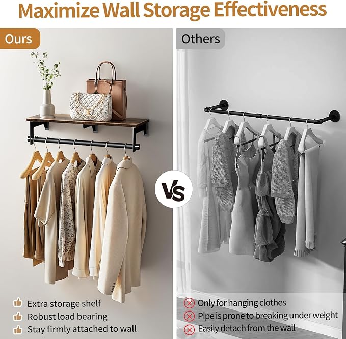 Luxspire 28.7" Wall Mount Clothes Rack with Wood Top Shelf Hanging Clothes | Black + brown, heavy duty rust-resistant metal, extra top shelf decor storage, easy install on wood brick walls