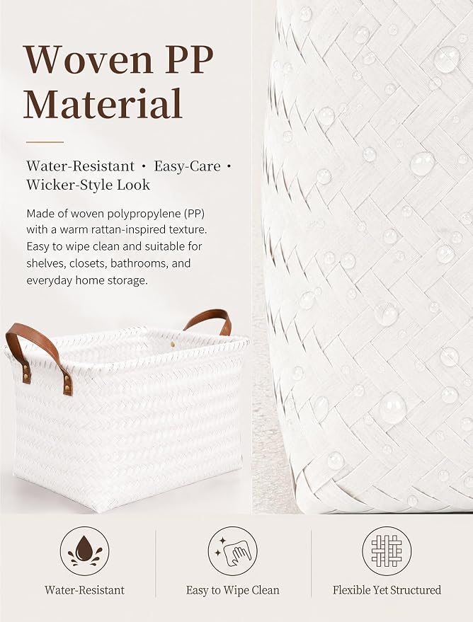 Wicker Storage Baskets, 4 Pack Woven Baskets for Shelves, White | PP Rattan, Water-resistant Wicker Basket, Large Baskets with Faux Leather Handles for Blanket, Laundry Organizer, Room Decor