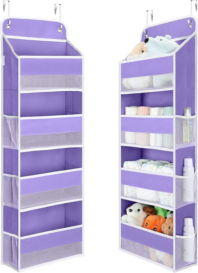 Yecaye Over the Door Organizer forNursery Closet 35.2lbs Load Purple 4 Tier | Over the Door Storgae for Newborn Baby Essential Diaper Baby Clothes, College Dorm Room Essentials, Stuffed Animal Storage