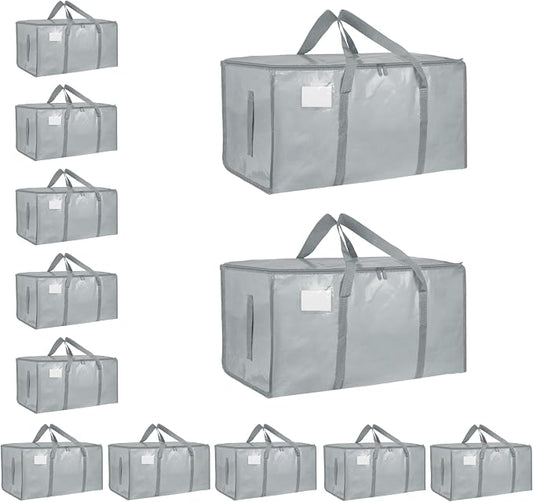 12 Pack-Extra Large Heavy Duty Moving Bags - Waterproof Storage Totes with Handles & Zippers, Foldable for College Dorm, Storage (light gray)