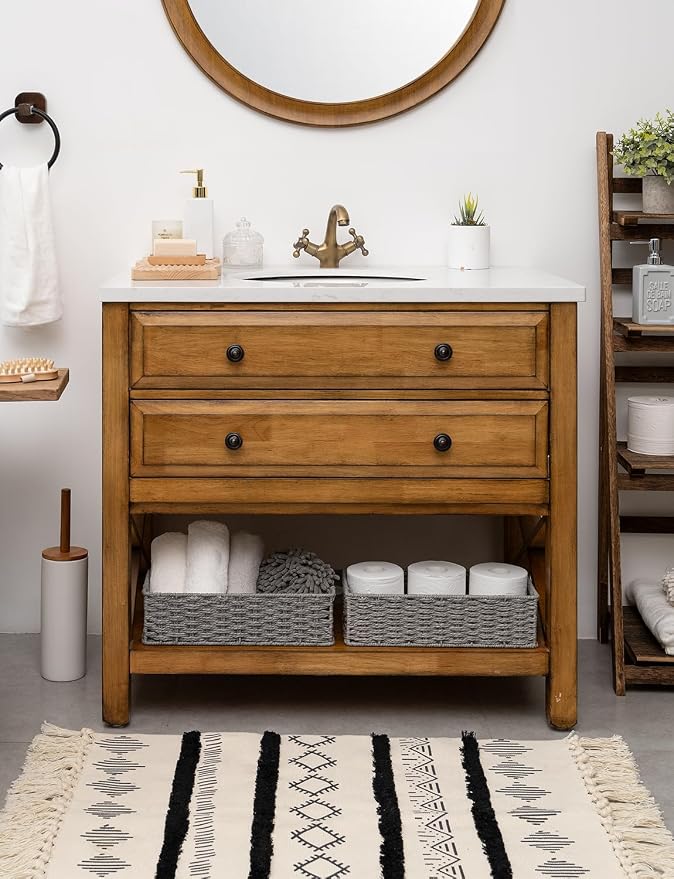 StorageWorks Toilet Tank Basket for Bathroom, Wicker Storage Baskets, Gray | Paper Rope Toilet Paper Baskets for Back of Toilet Tank Top, Bathroom Basket Organizer with Built-in Handles for Storage