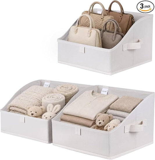 WUIKE 3 Pack Large Closet Storage Bins, Trapezoid Basket, White & Beige | Fabric Storage Baskets with Handles, Purse Organizer for Vloset, for Clothes, Sheets, Blankets and Shelves