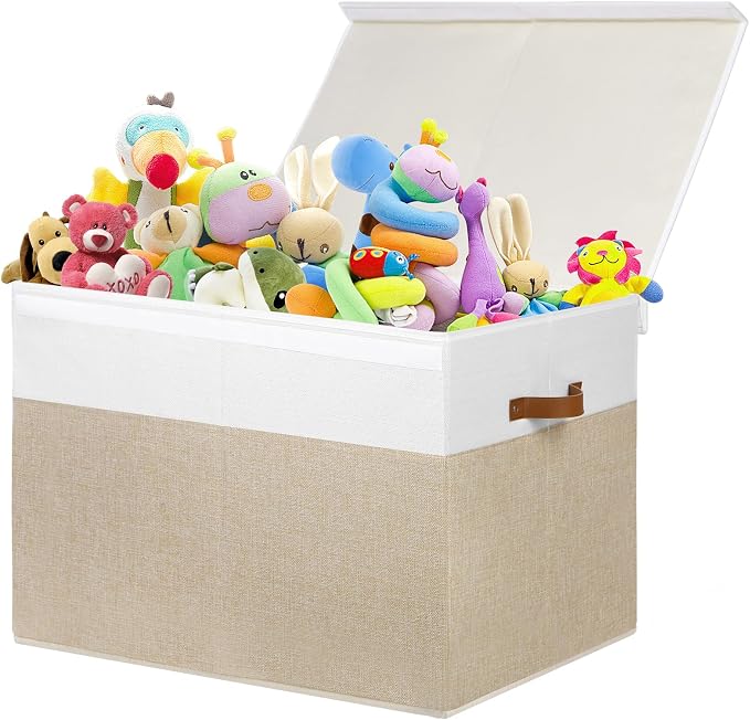 Large Toy Storage Box with Lid, Toy Chest Bin Boxes Basket with Dividers | Sturdy Toy Organizer Bin for Kids, Boys, Girls, Nursery, Living Room, Bedroom, Playroom 26"x17" x17"(Beige and White)
