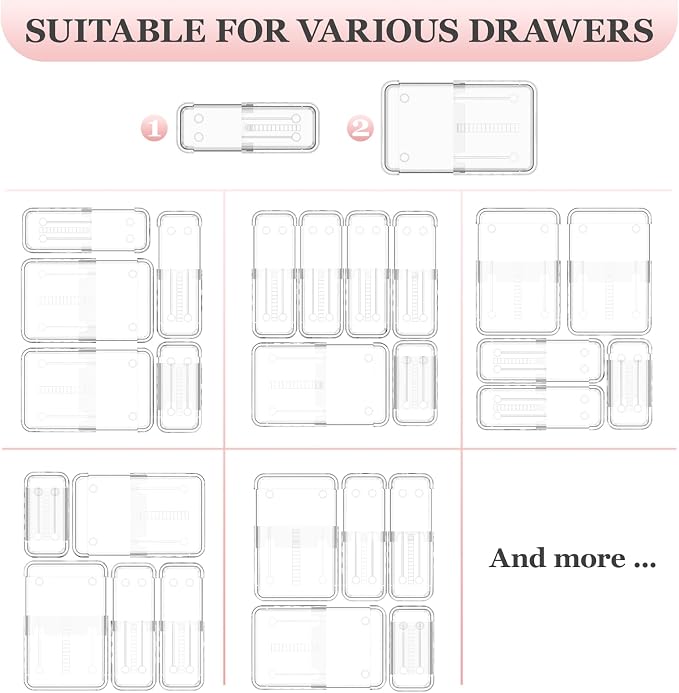 DILIBRA 12 Pcs Clear Extendable Drawer Organizer, Adjustable Drawer Storage 2-Size Desk Drawer Organizer, Plastic Non-Slip Storage Bins for Makeup Cosmetic Jewelries Utensils Stationery Dressers