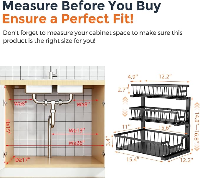 Under Sink Organizer, 2-Pack 3-Tier Height Adjustable Thickened Metal Pull out Cabinet Organizer Shelf, Slide out Storage Drawer Rack for Bathroom Kitchen Pantry Home Laundry Organization (Black)