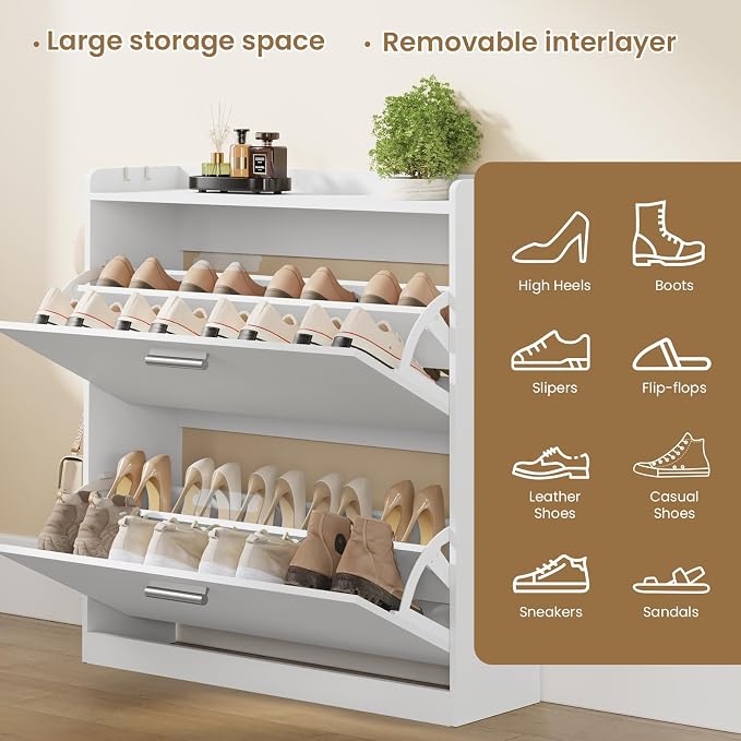 Shoe Cabinet Organizer with 2 Flip Drawers,Narrow Shoe Rack 31.5" W White | Freestanding shoe storage cabinet for entryway,foyer and hallway,space-saving flip drawers,Adjustable Shelves & 2 Hooks
