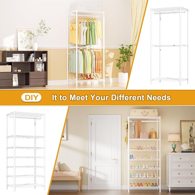 E13C Heavy Duty Closet Organizer System，Freestanding Clothing Racks for Hanging Clothes，Adjustable Garment Rack 63" W x 16" D x 77" H Hold 960 lbs，White Clothing Rack with White Dustproof Cover
