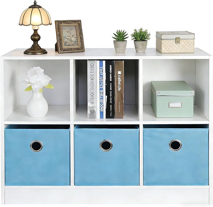 SUPER DEAL 6 Cube Storage Organizer 2 Tier Bookshelf with 3 Bins 3 x 2 Wood Open Shelf Cubby Bookshelves System Wide Toy Cabinet for Bedroom Living Room Kids, White/Light Blue 31.5 in Wide