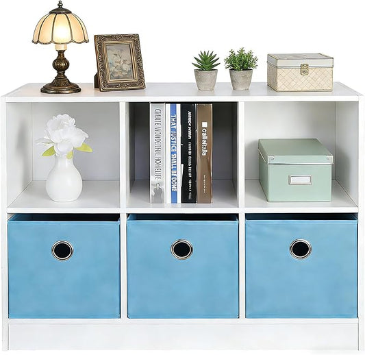 SUPER DEAL 6 Cube Storage Organizer 2 Tier Bookshelf with 3 Bins 3 x 2 Wood Open Shelf Cubby Bookshelves System Wide Toy Cabinet for Bedroom Living Room Kids, White/Light Blue 31.5 in Wide