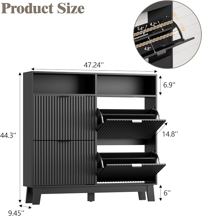 Shoe Cabinet Storage for Entryway with 4 Flip Drawers, Fluted Narrow Shoe Organizer with Wooden Legs & Top Cubby, Freestanding Slim Shoe Storage Hidden Shoe Rack for Front Door Entrance, Black