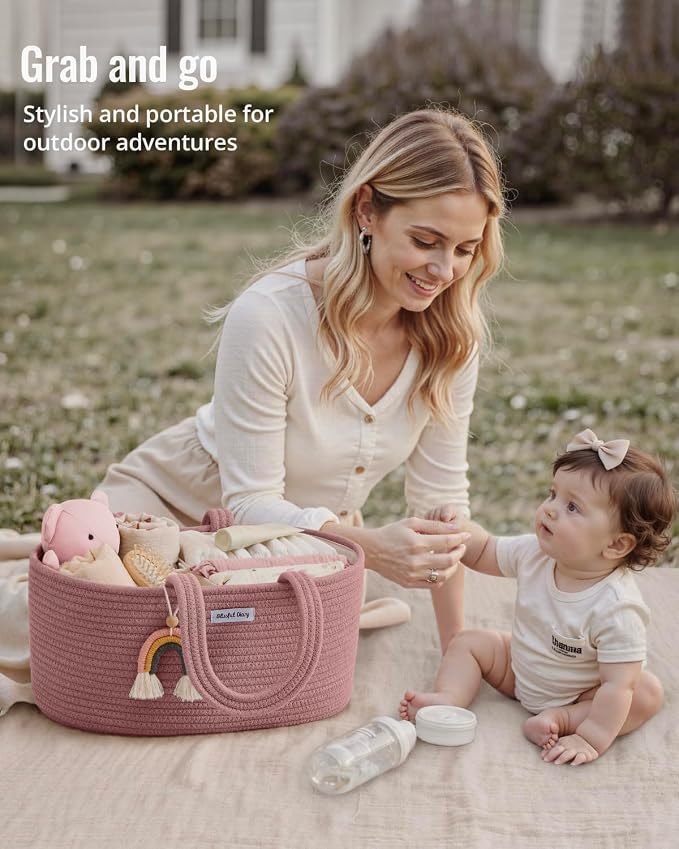 Blissful Diary Baby Diaper Caddy Organizer, Cotton Rope Diaper Caddy Basket, Oval Storage Basket, Gift for Baby Shower, Newborn Essentials, Pink