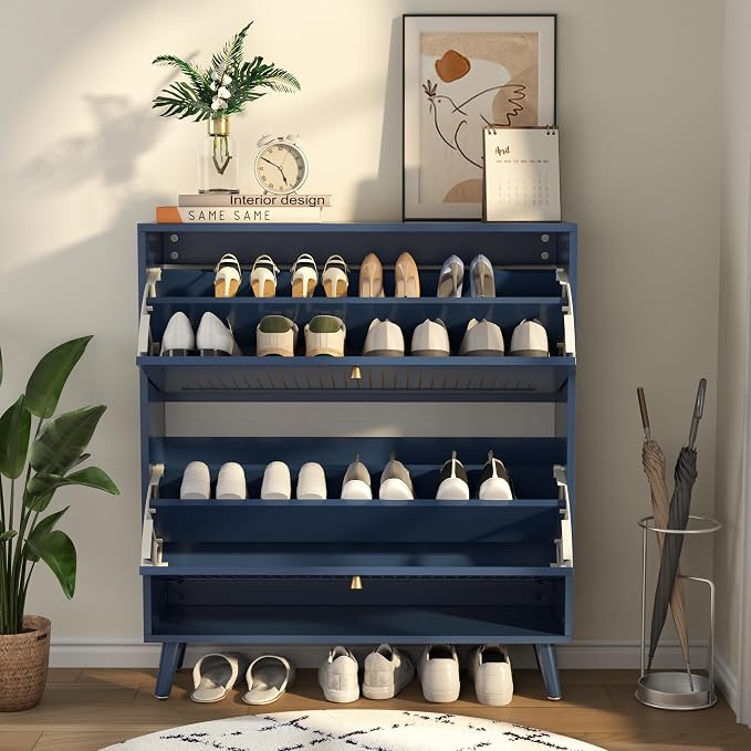 Fsbecl Shoe Storage Cabinet for Entryway with 2 Flip Drawers, Narrow Wood Shoe Cabinet with Fluted Panel, Freestanding Hidden Shoe Organizer for Hallway