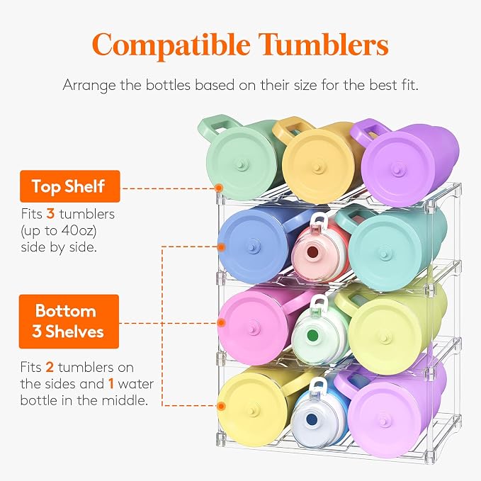 Lifewit Stackable Bottle Storage Organizer, Clear Freestanding Wine Holder for Cabinet, Large Slot Water Bottle Tumbler Cup Organizer for Pantry, Plastic Wine Rack for Fridge Cellar, 4Tier Hold 12