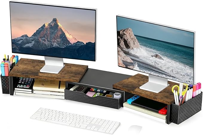 Spacrea Wood Dual Monitor Stand Riser with Drawer and 2 Pen Holders | Monitor Riser Desk Organizers and Accessories,Desk Accessories & Workspace Desktop Organizers for Office Supplies