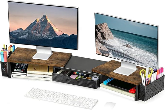 Spacrea Wood Dual Monitor Stand Riser with Drawer and 2 Pen Holders | Monitor Riser Desk Organizers and Accessories,Desk Accessories & Workspace Desktop Organizers for Office Supplies