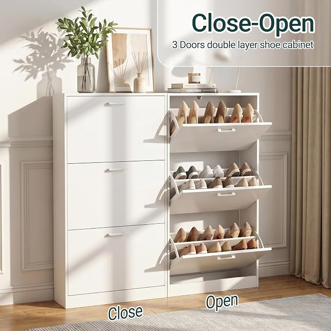 Shoe Cabinet with 3 Flip Drawers, Hidden Slim Freestanding Shoe Storage Cabinet, Narrow Freestanding Shoe Organizer for Entryway,Hallway, Living Room, White
