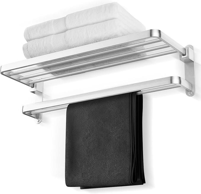 BOZWELL Bathroom Lavatory Towel Rack with Two Towel Bars,Brushed Satin Nickel 16-Inch Towel Shelf with Towel Bar,Towel Holder 1011-BSN-40 (Brushed Satin Nickel Finish)
