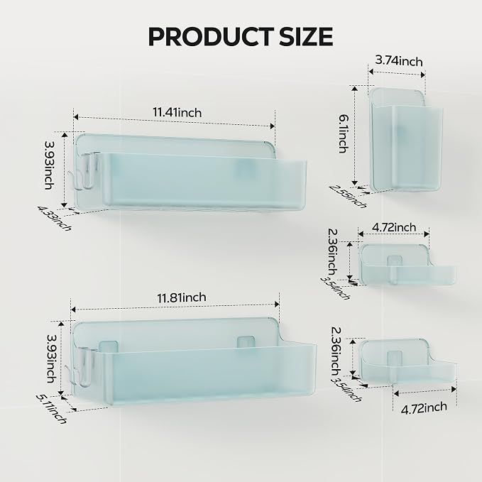 Nieifi Adhesive Shower Shelves, Blue, 5 Pieces | Rustproof ABS, Large Capacity, Removable Design, Easy-Clean, No Drilling Shower Organizer for Bathroom Storage & Home Decor