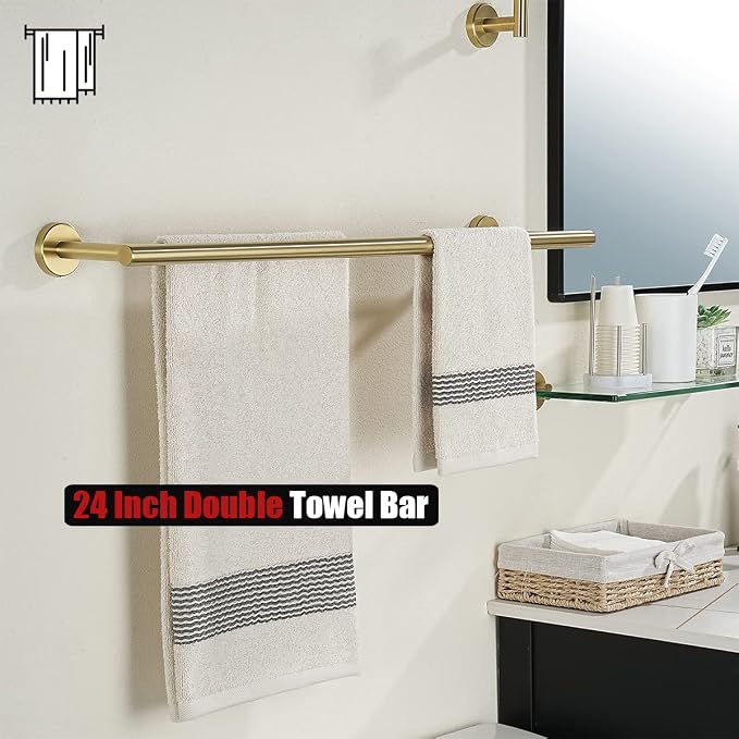 JQK Double Towel Bar 27 Inch, Brass Gold Useable Length 24 Inch 304 Stainless Steel Thicken 0.8mm Bath Towel Rack for Bathroom, Towel Holder Wall Mount, TB100L24-BG
