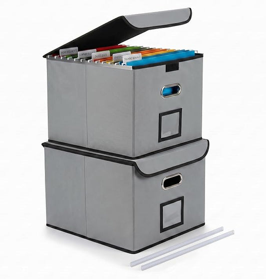 CADONO File Organizer Box with Lid (Grey, 14.9 x 12.59 x 10.8 inch, 2-Pack) | Large Hanging File Folder Organizer with Plastic Slide, Collapsible Portable Filing Storage Boxes for Office/Decor/Home