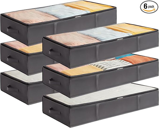 Lifewit 6 Packs Under Bed Storage Containers, Large Capacity Blanket Storage Bags with Reinforced Handles, Organization and Storage for Clothes, Sheets, Towels, Bedroom, Closet, College Dorm, Grey