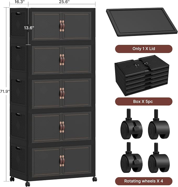 1120QT Extra Large Stackable Storage Bins with Lids & Wheels | & Door,Total 280Gal for 5-Tier set Foldable Collapsible Closet Organizers, Plastic containers drawers for bedroom Dorm