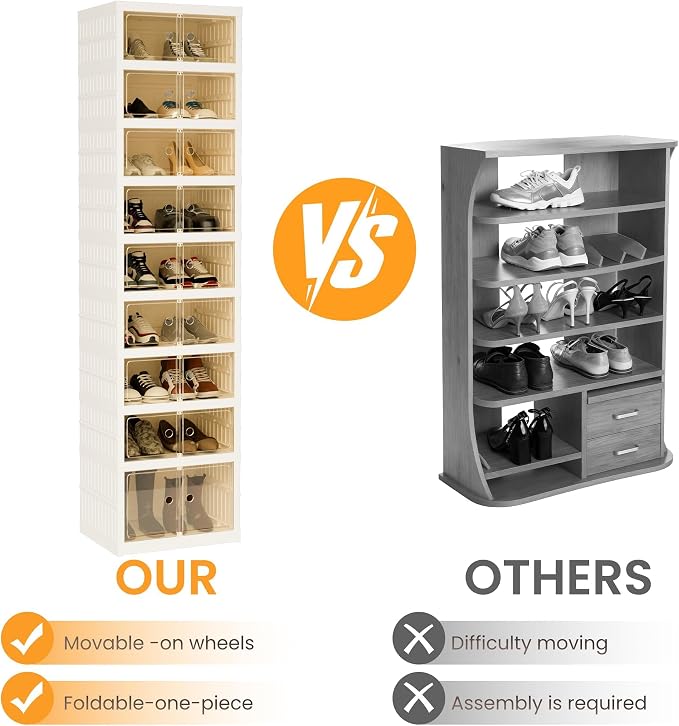 Foldable Shoe Organizer Storage Box Set of 6, Portable Extra Large Folding Shoe Rack for Closet, Shoe Storage Box with Magnetic Transparent Door and Wheels, 9 Layers 18 Grids with 2 Big Grids