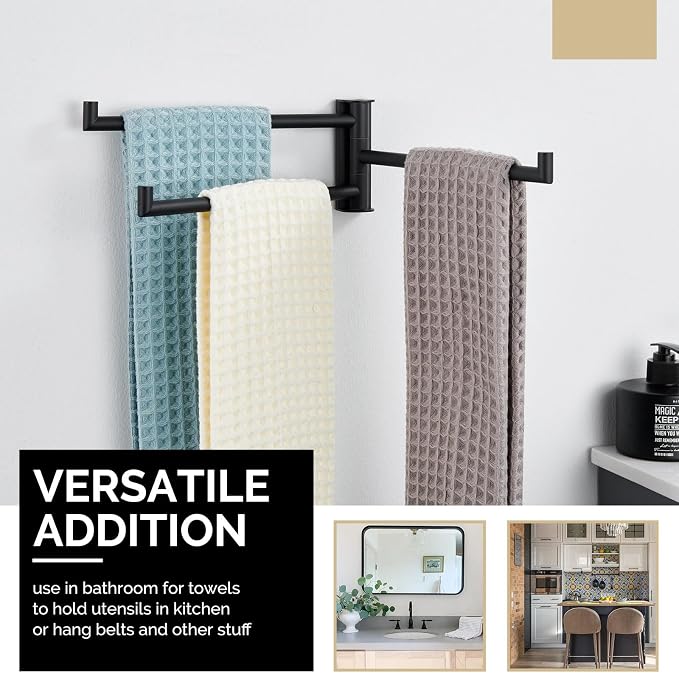 Angle Simple Kitchen Towel Rack, Swivel 3 Bars, Matte Black, 9.84" | SUS304 Stainless Steel Hand Towel Holder for Bathroom Laundry Wall, Foldable Arms Washcloth Hanger, Screws Mounted