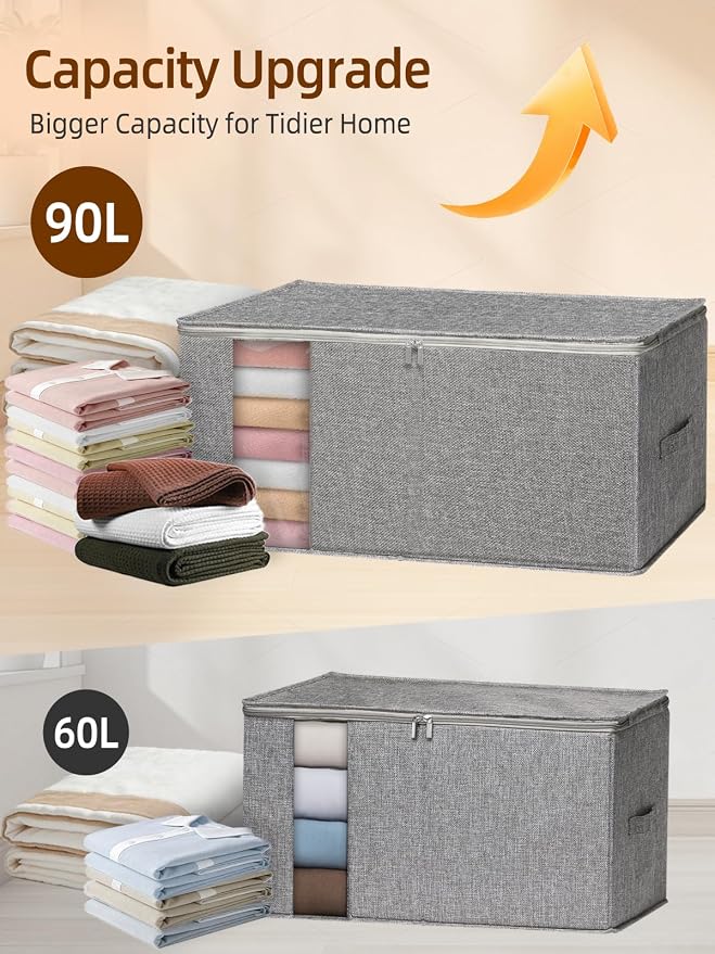 90L Rigid-Structured King Size Comforter Storage Bag, 2 Pack, Gray | Rigid Sides & Bottom, Stackable & Foldable Design, for King Quilts, Bedding, Pillows and Clothes, Closet & Dorm Organization