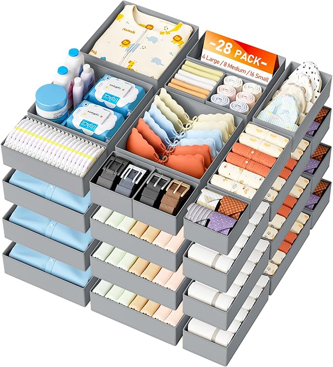DIMJ Drawer Organizer Clothes 28 Pack - Foldable Baby Organizers and Storage & Closet Organizers for Bedroom, Closet - Nursery Organization Dresser Dividers for underwear, Sock,Bra, Belt, Tie,Gray